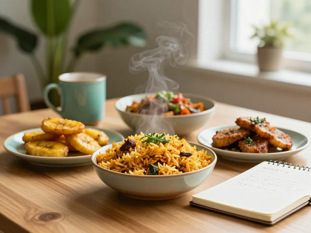 Table de spécialités africaines avec carnet ouvert, symbolisant la création et l'entrepreneuriat culinaire.