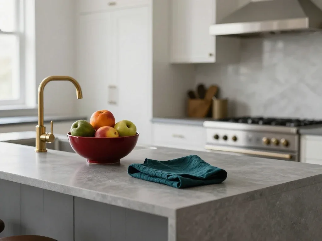 Une cuisine moderne rénovée avec un îlot en pierre, illustrant l'élégance et le design fonctionnel.