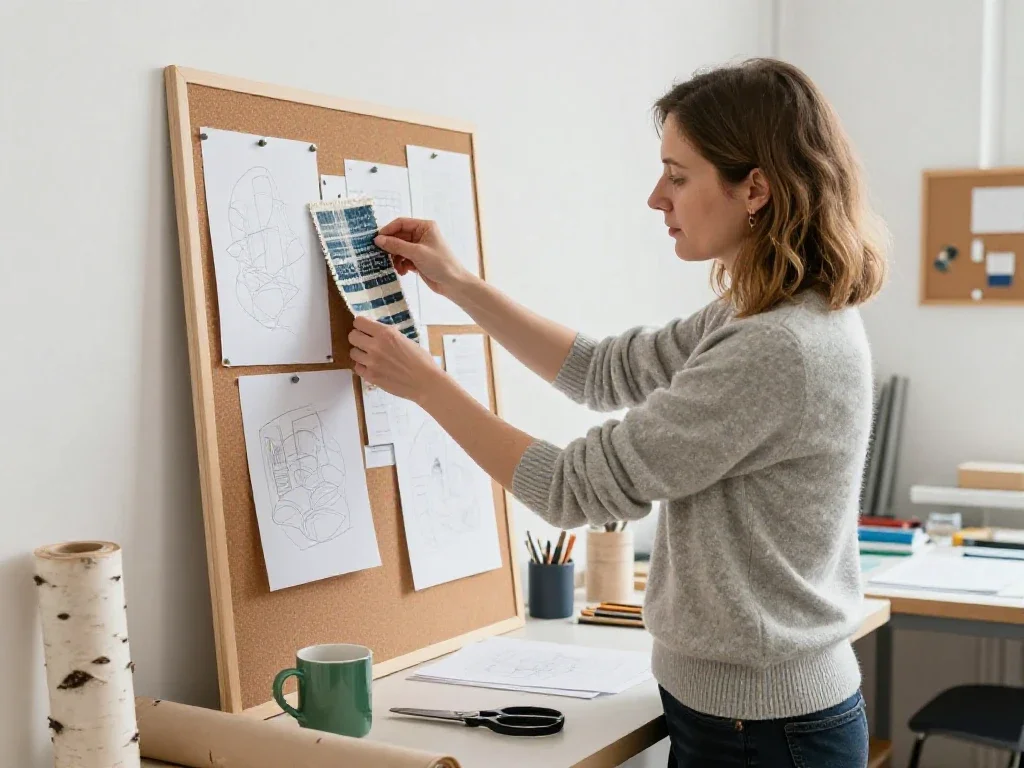 Une entrepreneuse organise son projet de création sur un tableau d'inspiration dans son atelier lumineux.