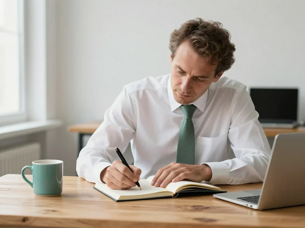 Un professionnel français expérimenté travaille avec rigueur à son bureau dans un cadre épuré.